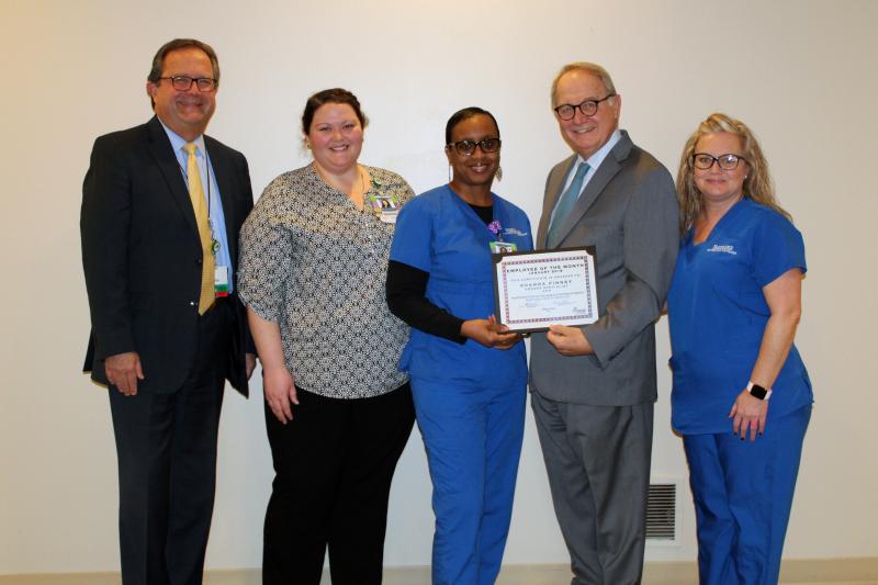 Pictured L-R: Tom Brown, Senior Vice President of Nanticoke Health Services and President of the Nanticoke Physician Network; Katie Gordy, MSN, RN, Nanticoke Physician Network Manager of Clinical Operations; Shanda Finney, CMA, CPT, Orders Management Specialist; Steven Rose, MN, RN, President & CEO; Christy West, Health Pavilion 1st Floor Lead